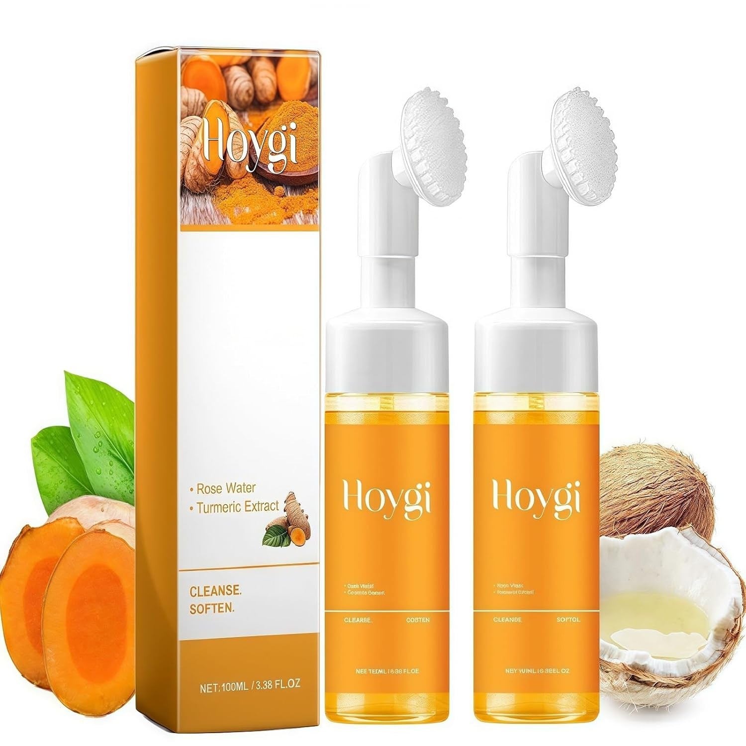 2 Pcs Hoygi Turmeric Kojic Acid Foaming Face Wash, Glow Wash Turmeric Face Wash with Brush Turmeric Foaming Facial Deep Cleansing Scrub Exfoliating.