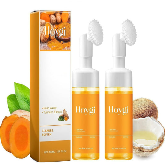 2 Pcs Hoygi Turmeric Kojic Acid Foaming Face Wash, Glow Wash Turmeric Face Wash with Brush Turmeric Foaming Facial Deep Cleansing Scrub Exfoliating.
